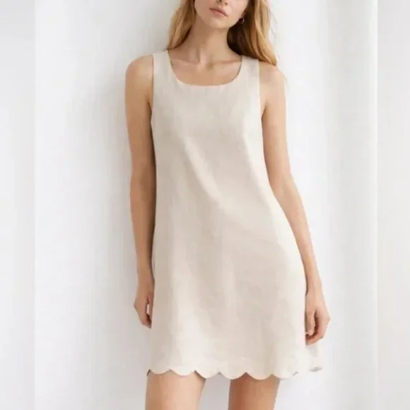 J.Crew Linen Scalloped Mini Dress Size 14 Beige Sleeveless Summer Shift Dress - Picture 4 of 9